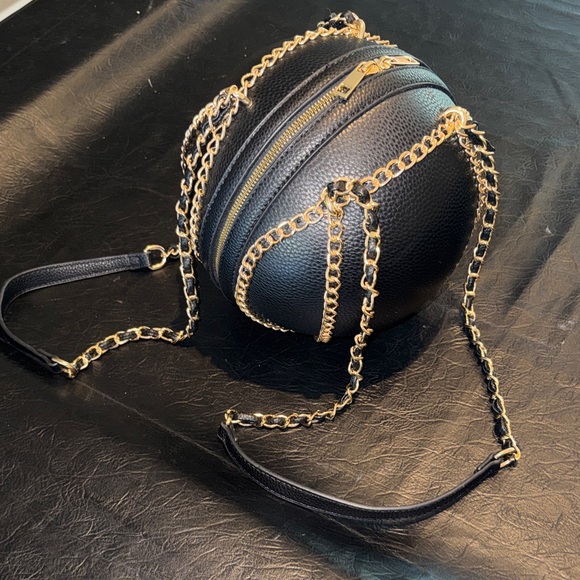 Handbags - Black Leatherette Round Basketball Bag with Gold Chain, NEW